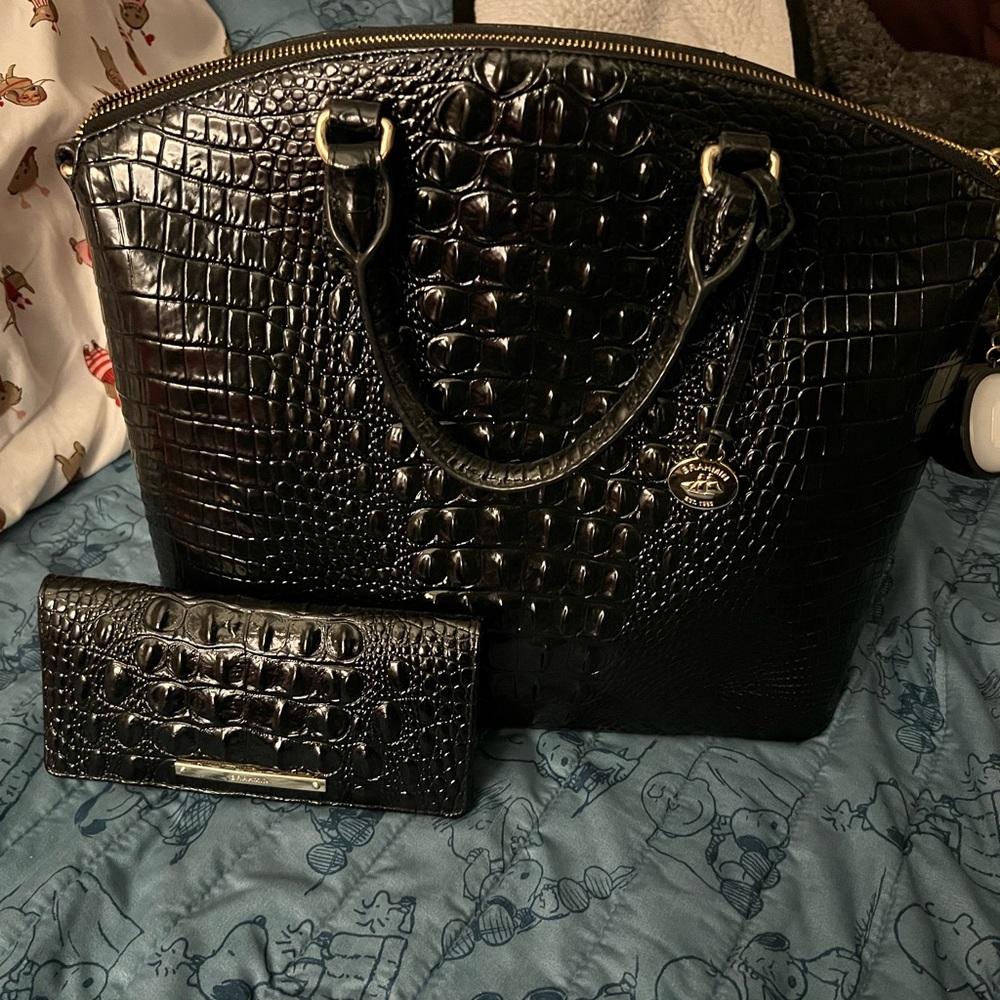 Brahmin Black Crocodile-Embossed Tote and Wallet